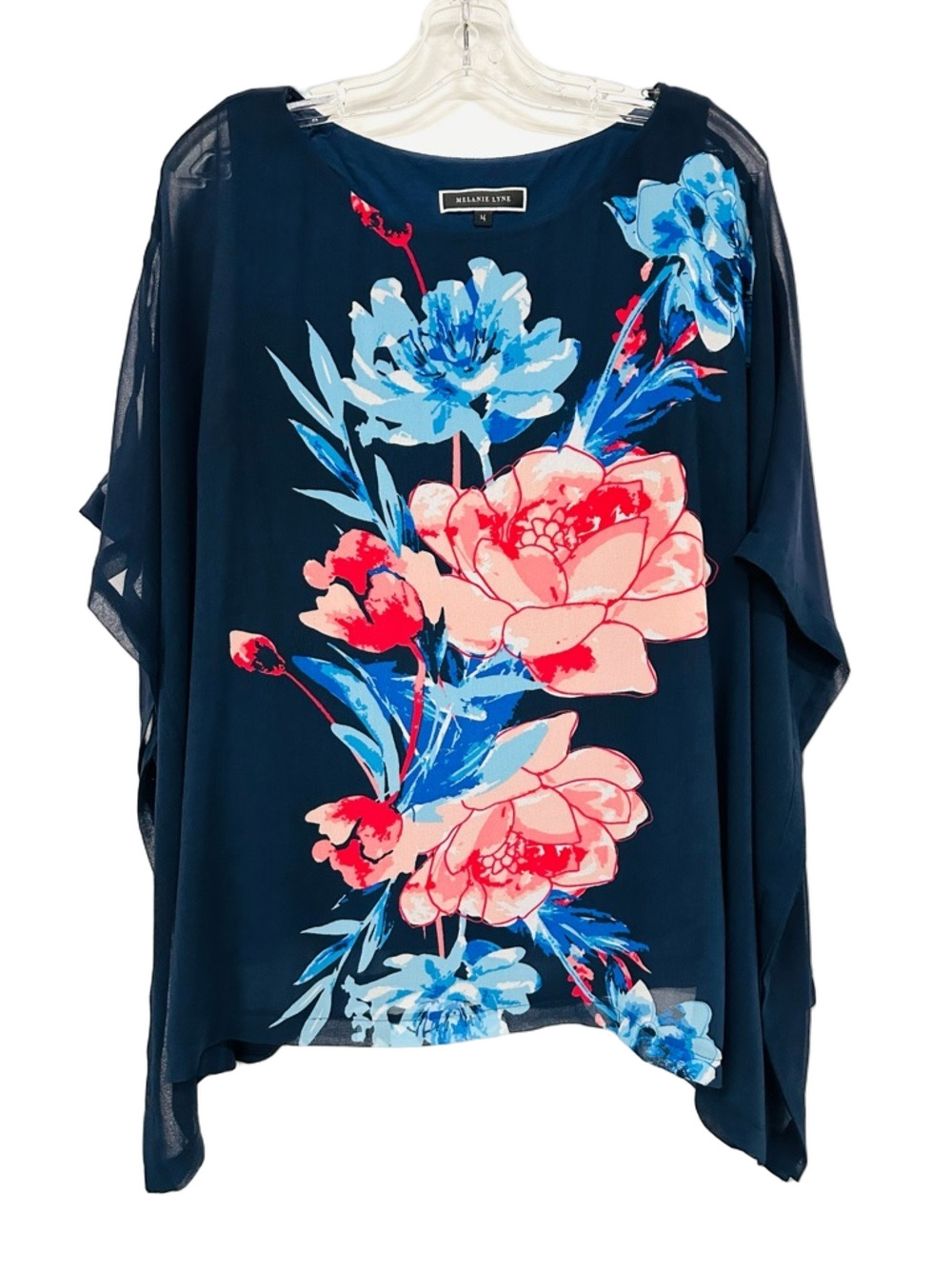 Melanie Lyne Navy Floral Sheer Overlay Top Size 14 Flowy Resort Cruisewear